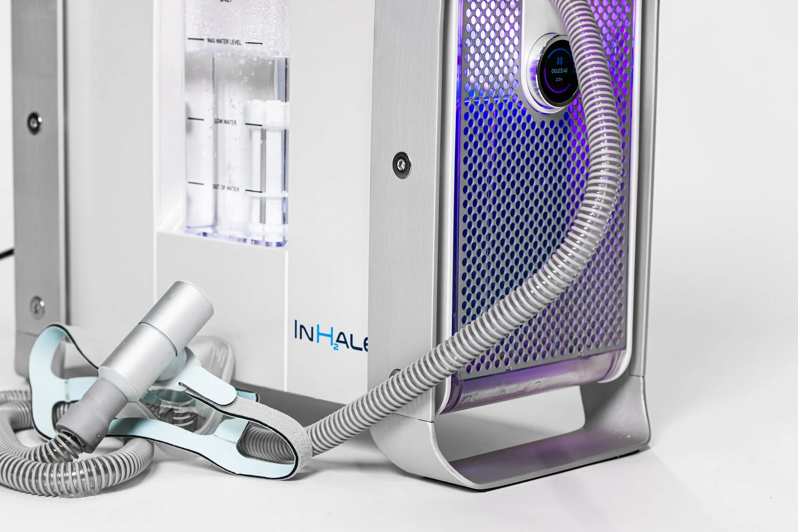 The InhaleH2 unit with its breathing hose and face mask