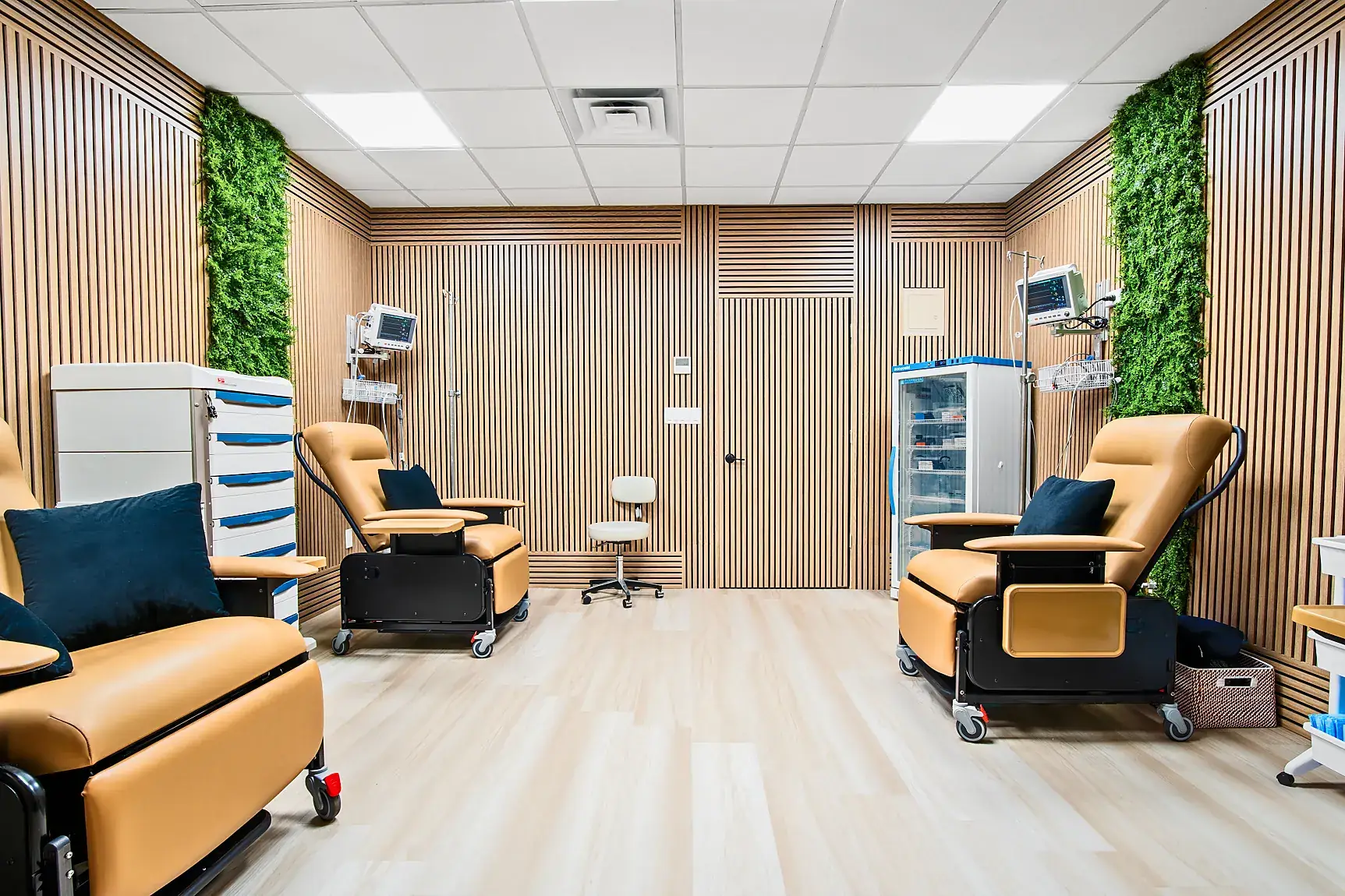 The infusion room seen from the entrance, with treatment chairs and green living walls