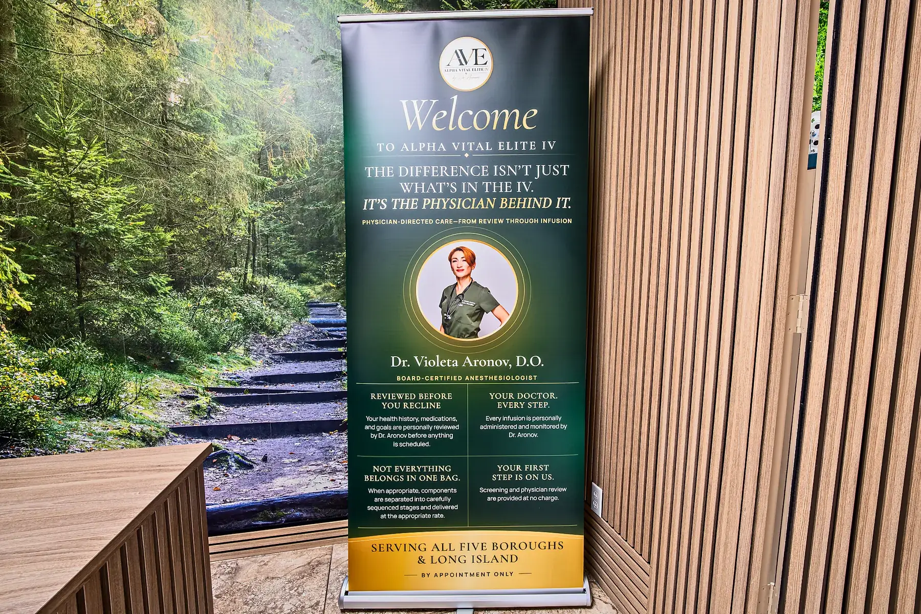 The welcome banner in the reception area of Alpha Vital Elite IV
